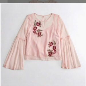 Hollister bell sleeve sheer embroidered top